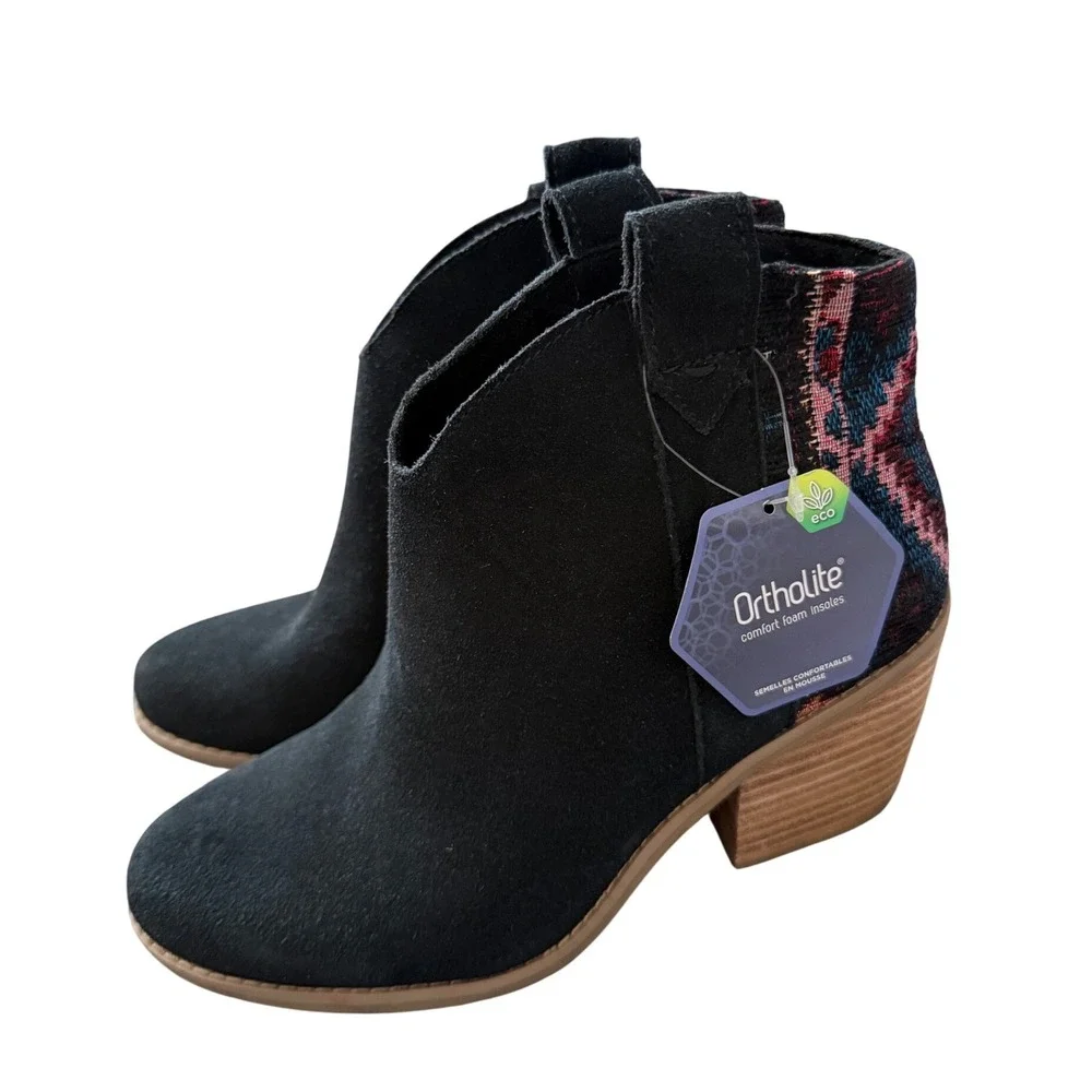 TOMS Marina Black Suede Tapestry Western Ankle Boots OrthoLite Size 6 NEW